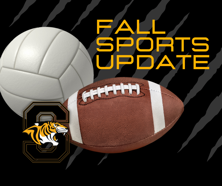 Fall sports update - photo of volleyball and football with tiger logo