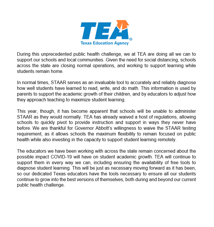 TEA Announces STAAR Testing Waiver