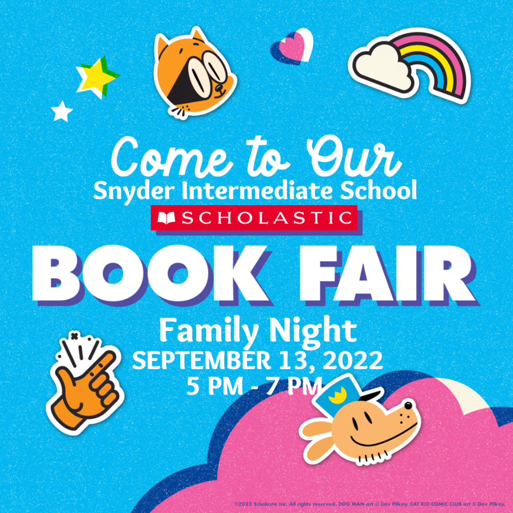 Colorful image advertising the Snyder Intermediate Book Fair Family Night  with book character stickers