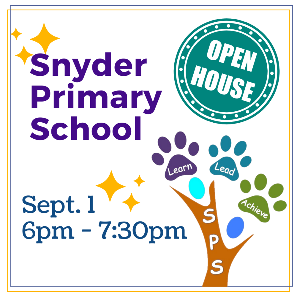 Snyder Primary School Open House September 1 6pm - 7:30 pm , SPS logo and yellow stars