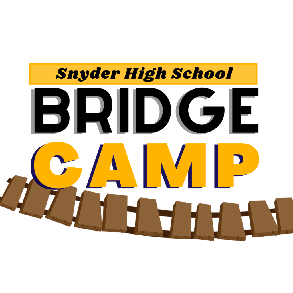 Snyder High School bridge camp logo with brown suspension bridge in the background