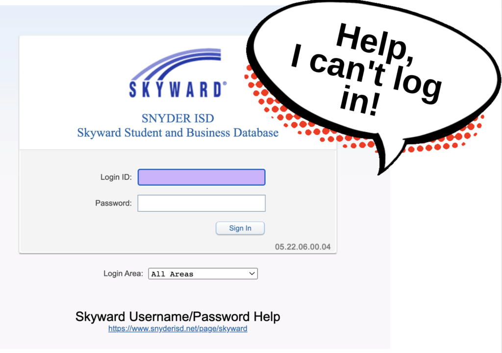 Skyward login screen with graphic that says, "help!  I can't login"