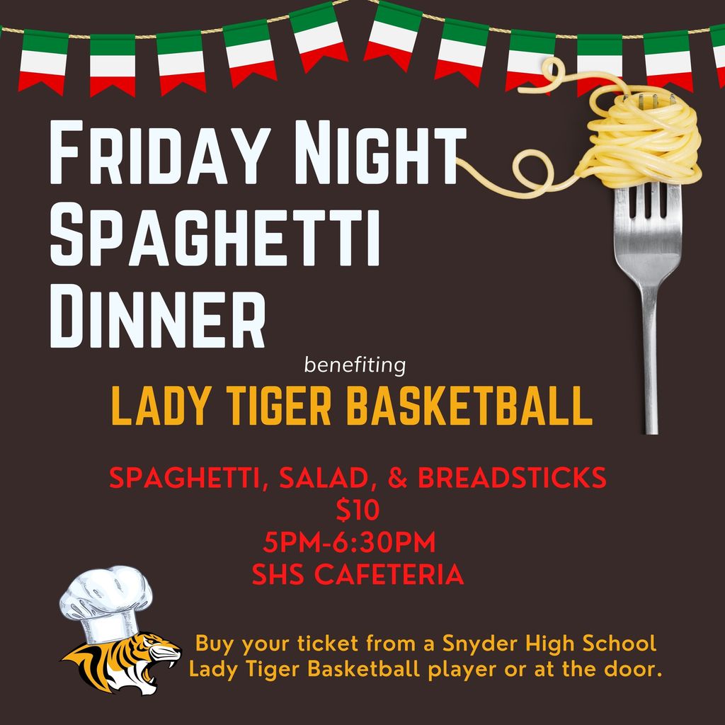 friday night spaghetti dinner graphic.  pasta twirled on fork with italian theme