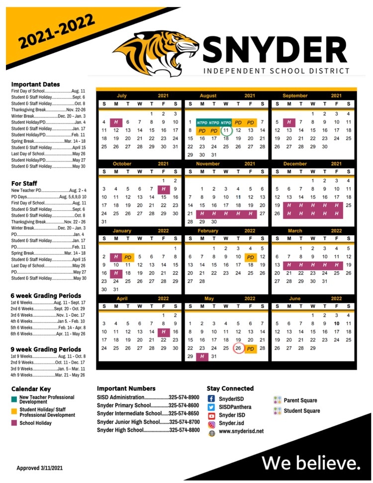 Ttu 2022 23 Calendar 2021-2022 District Calendar | Snyder Primary School